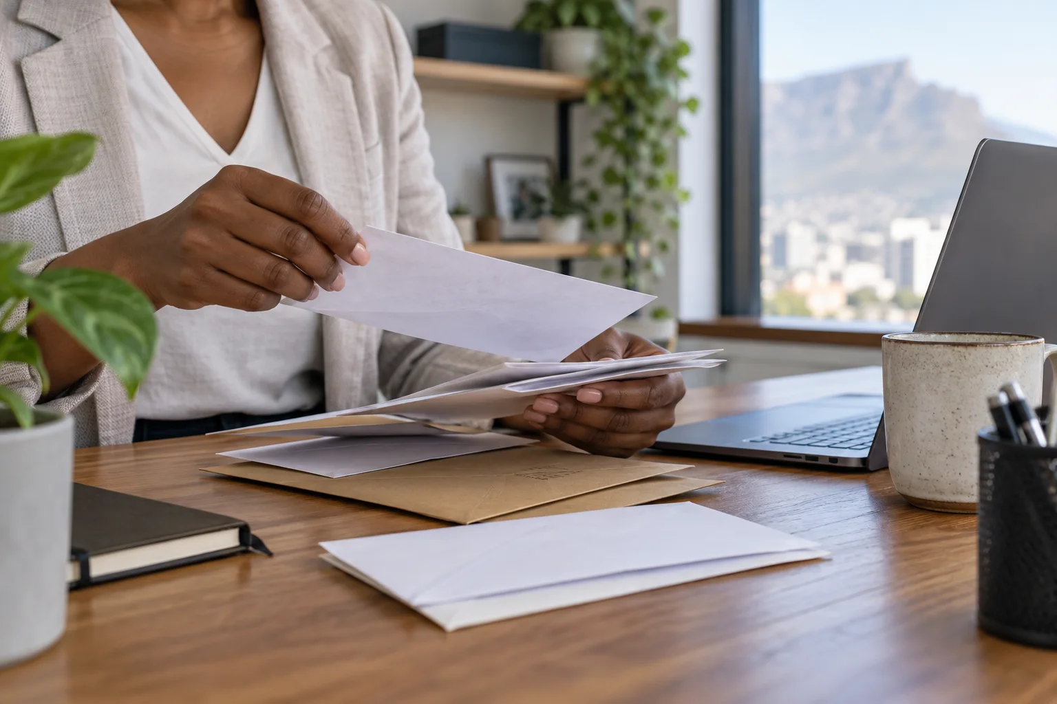 Close-up of hands sorting correspondence and a few paper envelopes beside a laptop in a calm modern office