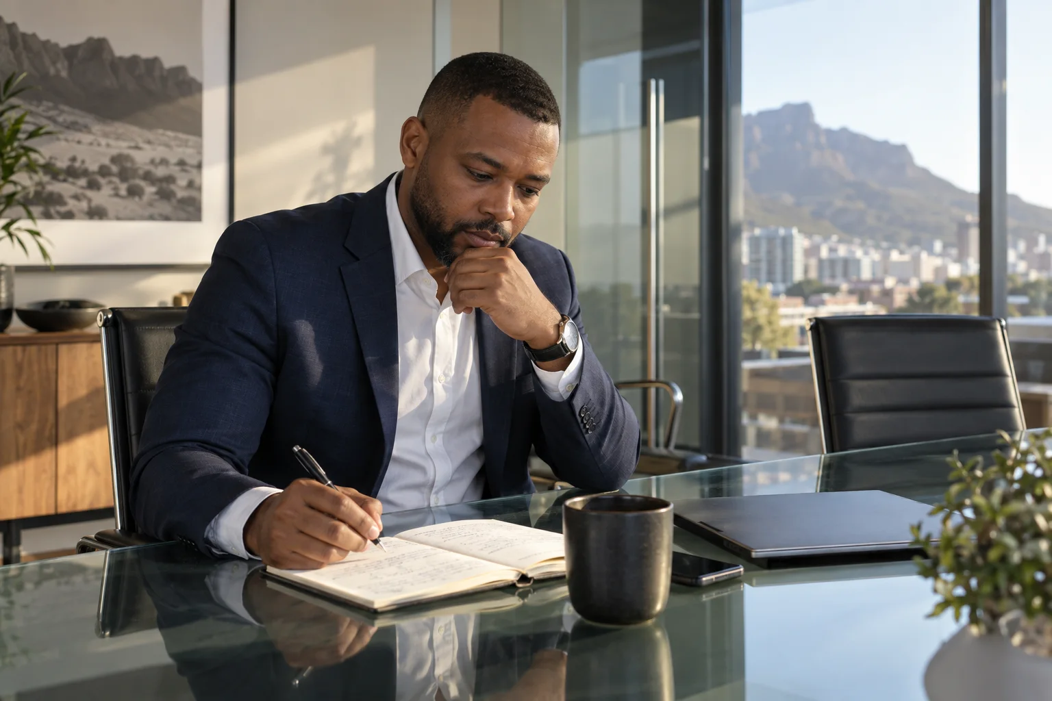 A thoughtful South African manager reviewing handwritten meeting notes alone at a glass meeting room table, afternoon light