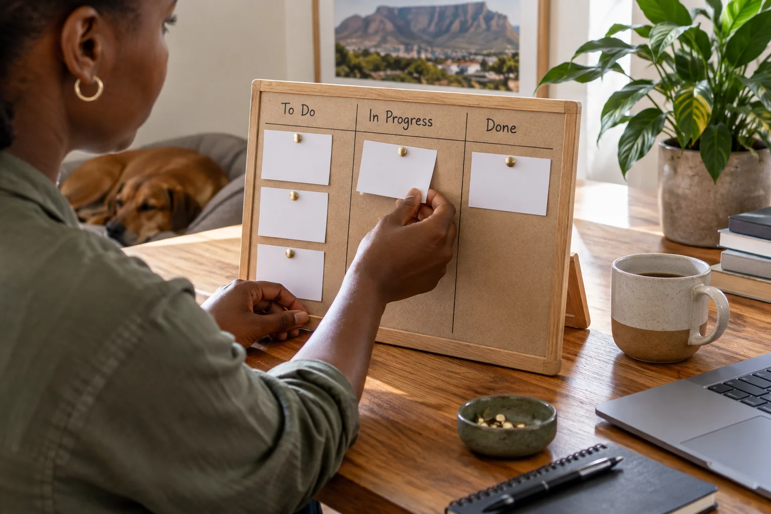South African freelancer moving a single blank task card on a small desktop kanban board, close shot of hands and physical cards