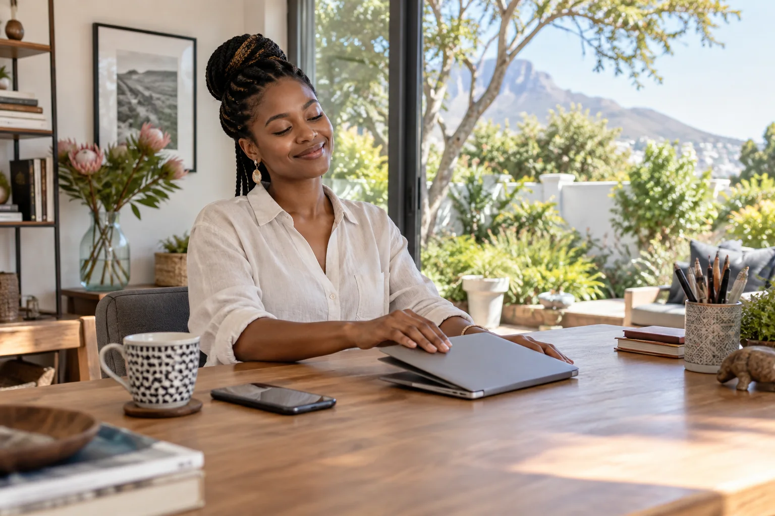 A South African woman closing her notebook after finishing work at a sunlit garden-facing desk, relaxed confident posture, airy wide view