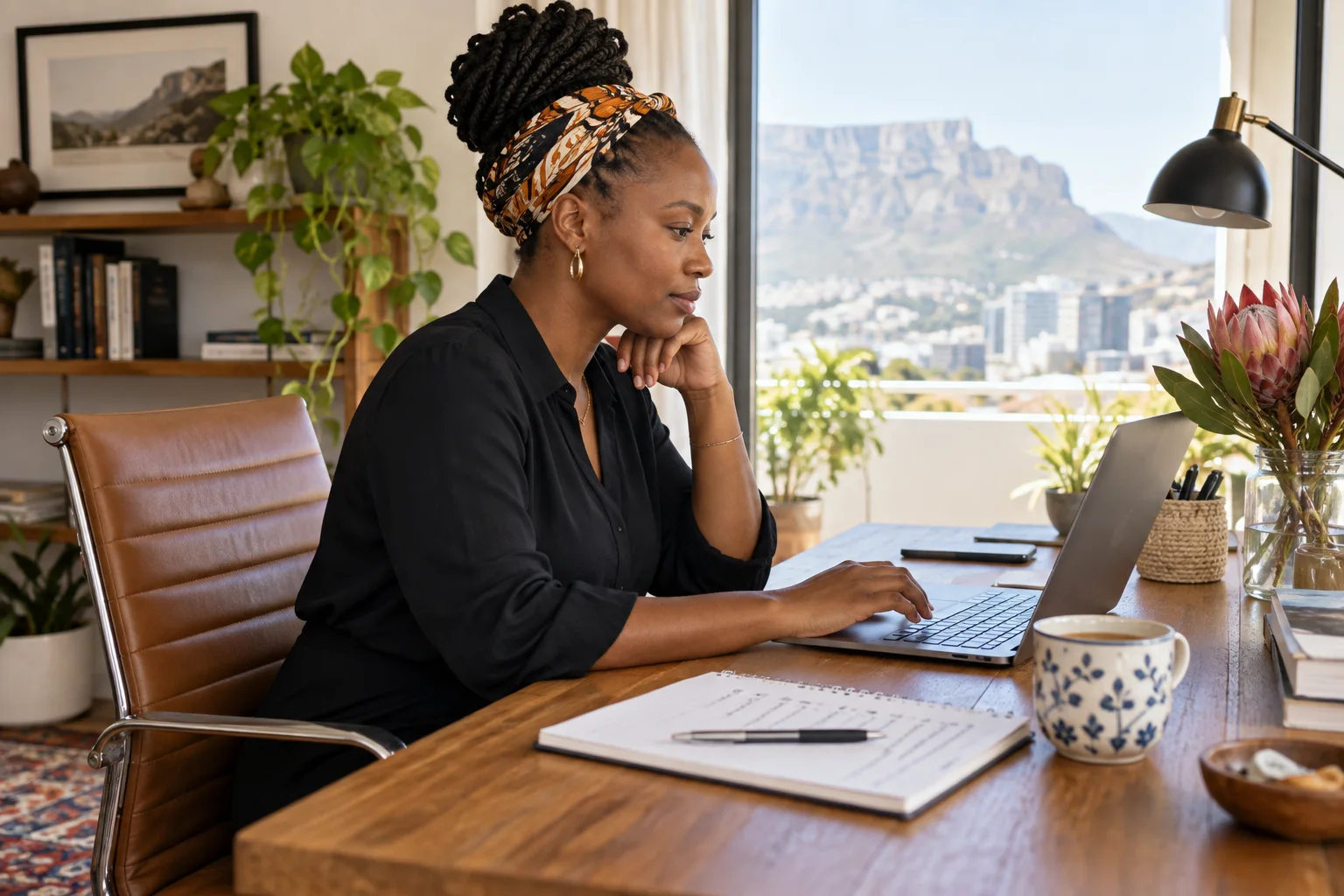 A South African professional woman reviewing email on a laptop at a bright home office desk, hand-written checklist beside a tea cup, side-on composition