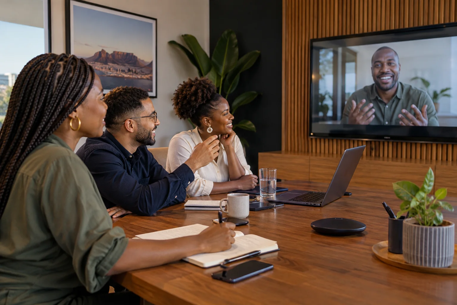 A diverse small South African office team in a video meeting, notebook in foreground, warm contemporary meeting room, wide eye-level scene