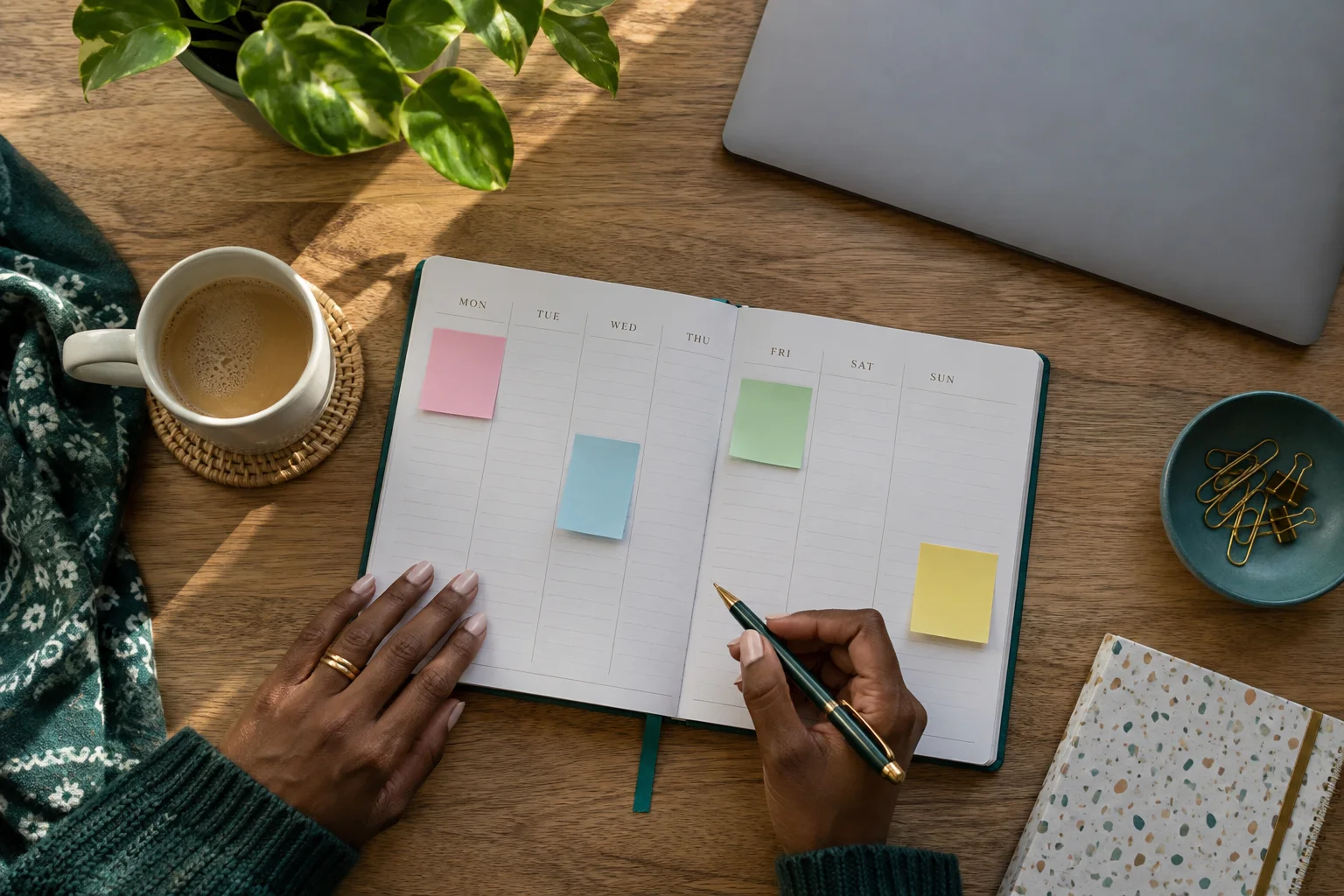 A top-down still life of a weekly planner with blank coloured sticky notes, a pen and a closed laptop, tasteful teal desk details, natural sunlight